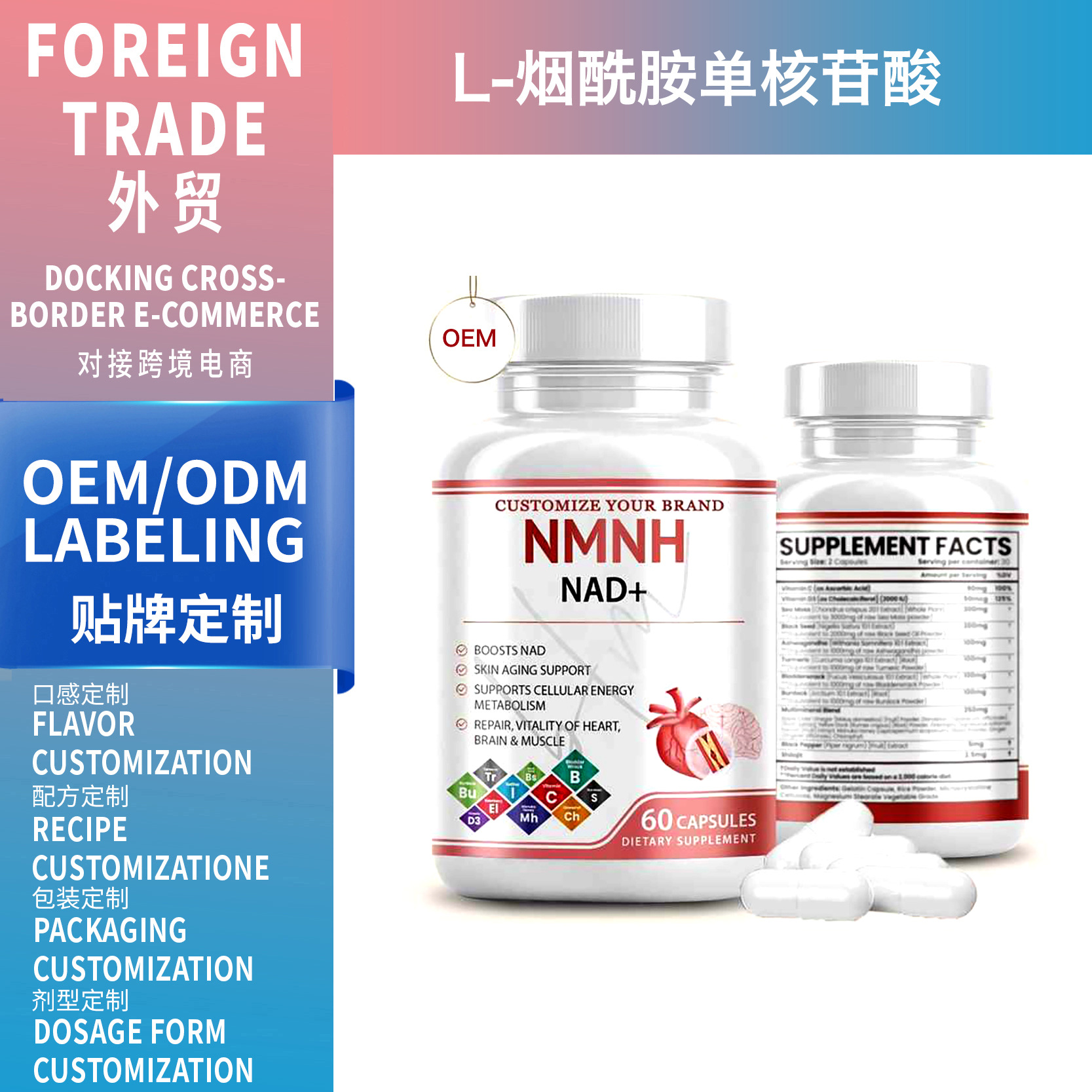 跨境熱銷品Nad +L-煙酰胺單核苷MARCH酸Pqq白藜蘆醇補充劑支持OEM